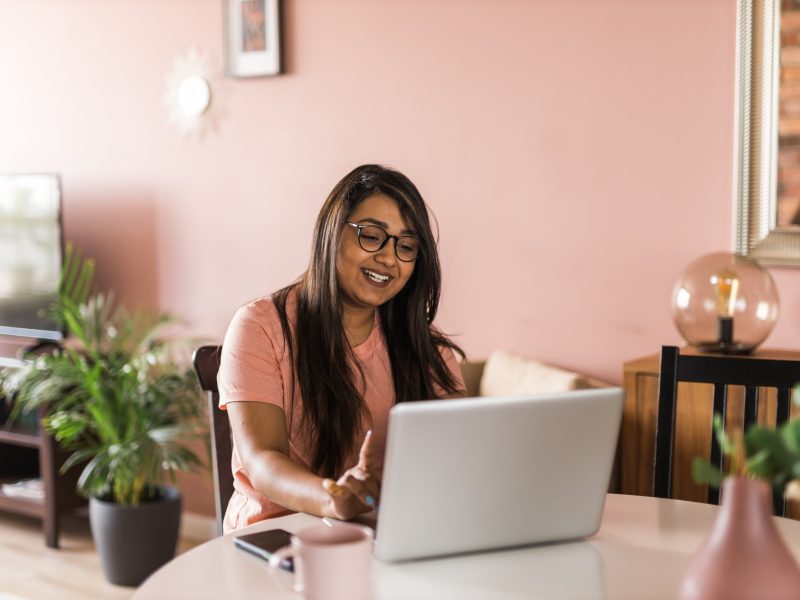 Portrait indian woman freelancer or entrepreneur have video conference talking, working remotely